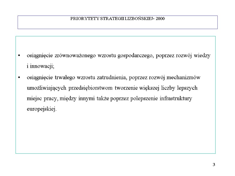 PRIORYTETY STRATEGII LIZBOŃSKIEJ- 2000 osiągnięcie zrównoważonego wzrostu gospodarczego, poprzez rozwój wiedzy i PRIORYTETY STRATEGII LIZBOŃSKIEJ- 2000 osiągnięcie zrównoważonego wzrostu gospodarczego, poprzez rozwój wiedzy i